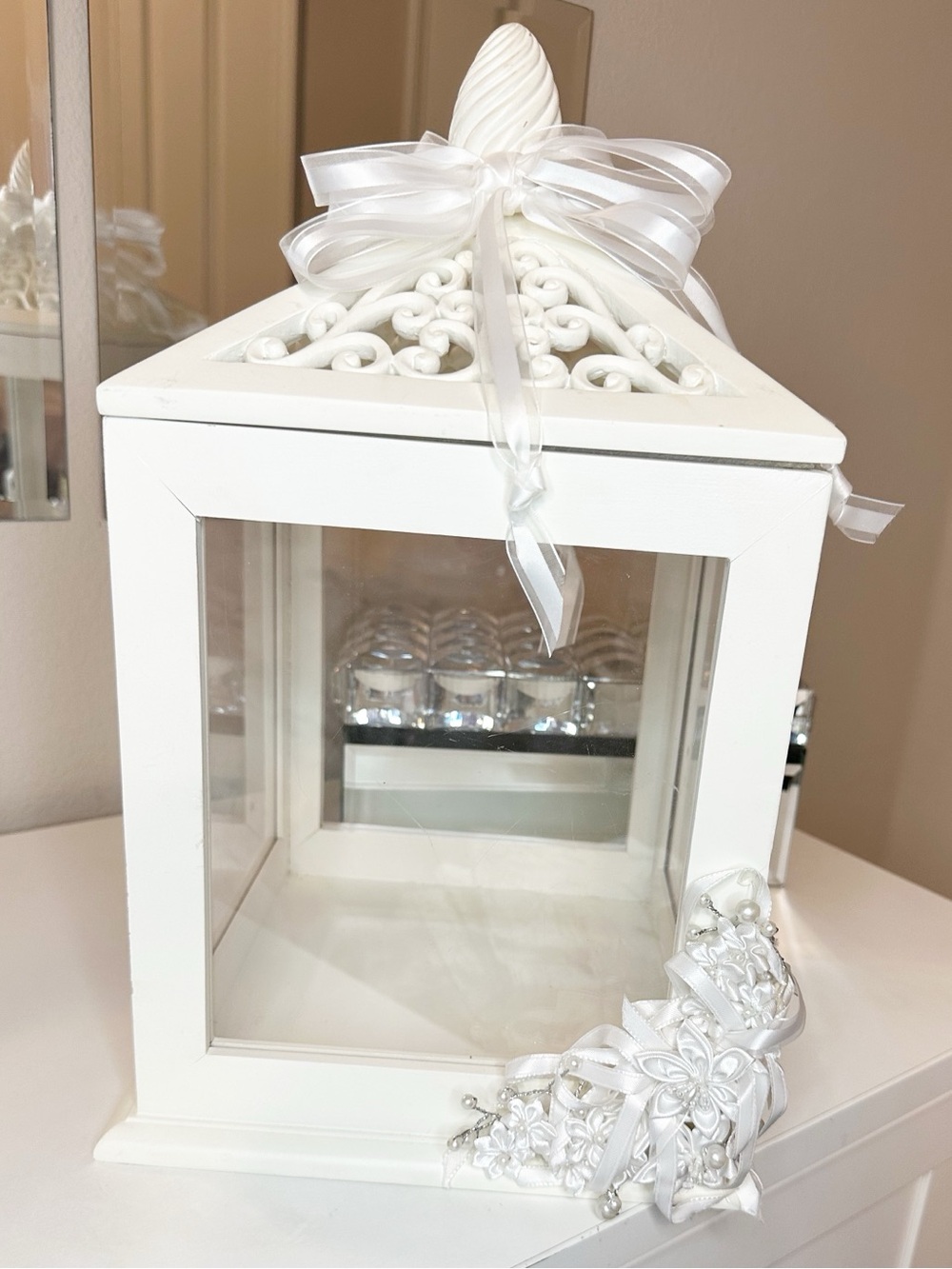 Wedding Card Reception Box- Off White with Ribbon and Pearl Accents